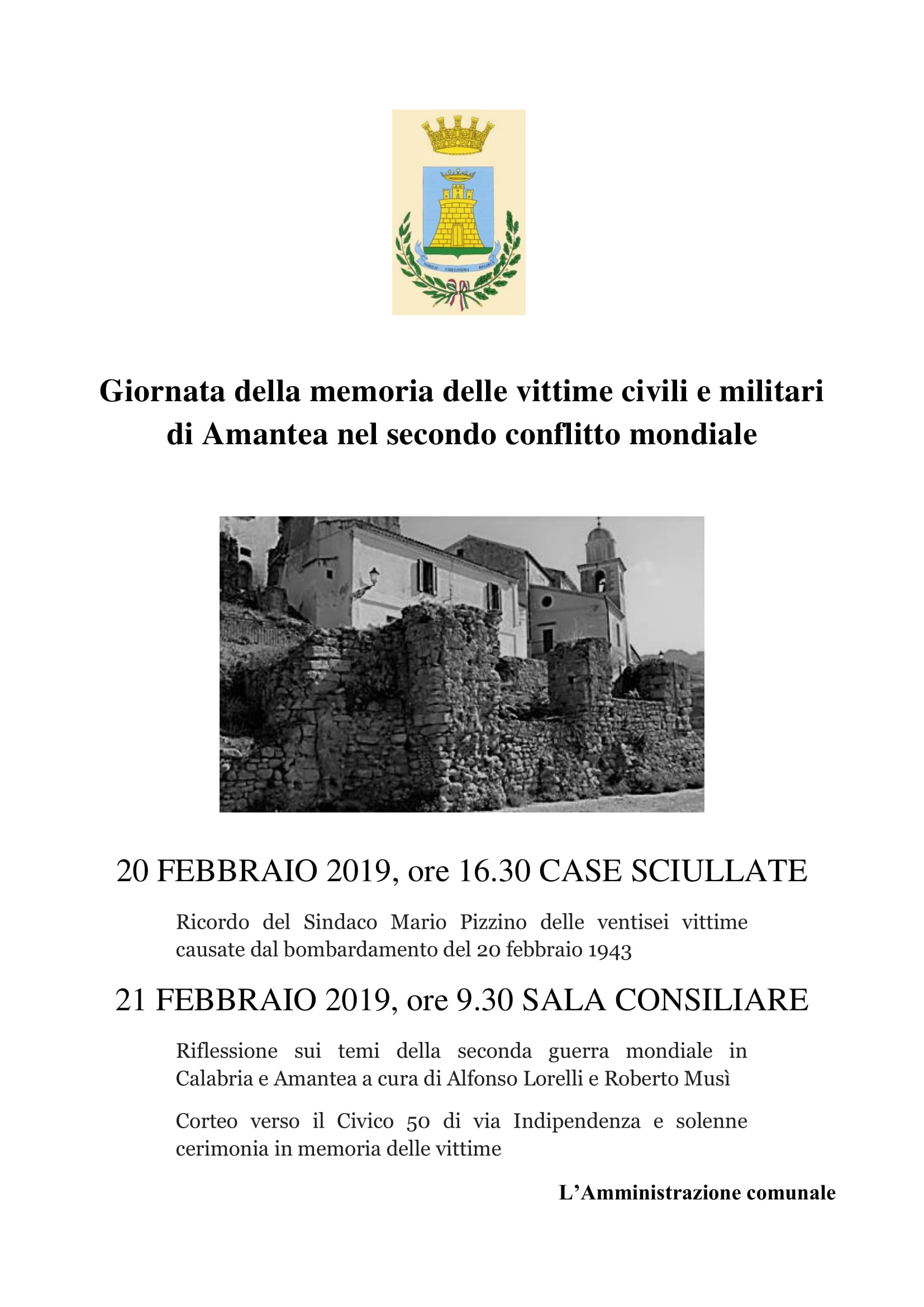 Giornata della memoria delle vittime civili e militari di Amantea nel secondo conflitto mondiale – 20 febbraio 2019