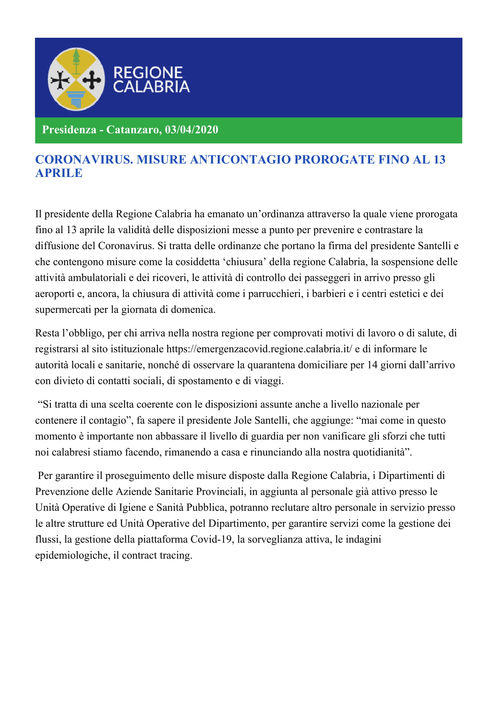 CORONAVIRUS. Comunicato della Presidenza della Regione Calabria. Misure anticontagio prorogate fino al 13 aprile 2020